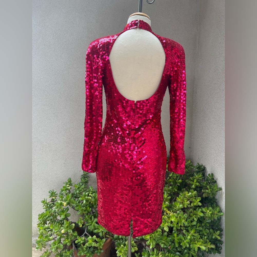Vintage Disco Dress Ruby Red Sequins Keyhole Back… - image 3